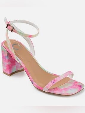 NWT Journee Collection Pink Tie-Dye Block Heel Ankle-Strap Sandals